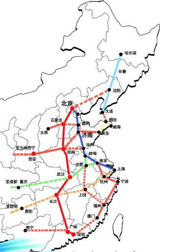 注:图为济南通往全国各城市的高铁线路图,实线为已建高铁,虚线为拟(在