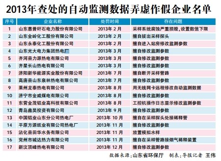 2013年查处的自动监测数据弄虚作假企业名单