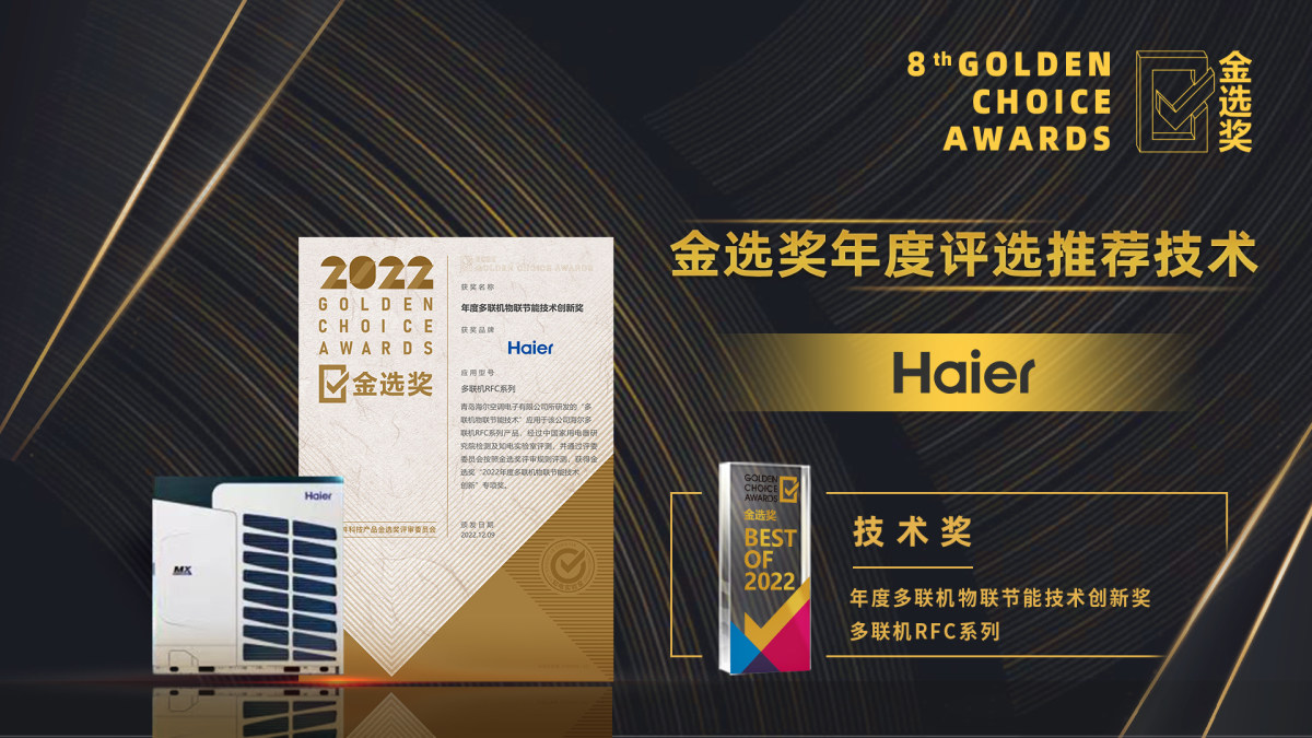 行业唯一！海尔物联多联机荣获2022“金选奖”