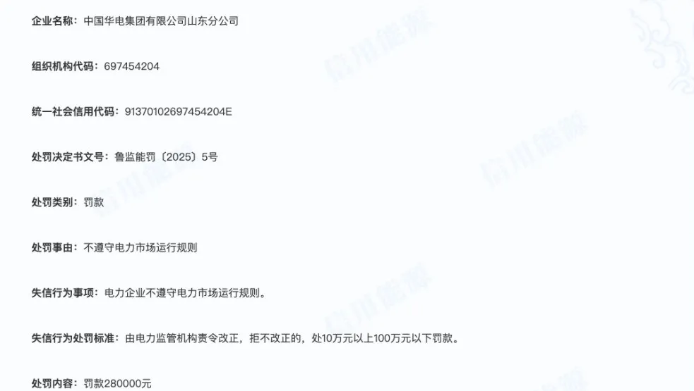 山东四家发电央企省级公司因违规遭罚，电力市场监管再升级