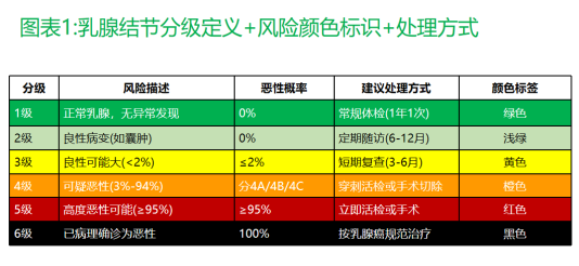 自创乳腺结节分级定义+风险颜色标识