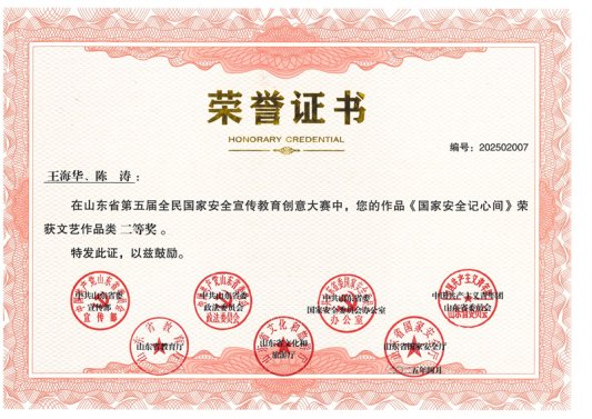 山东省第五届全民国家安全宣传教育创意大赛二等奖