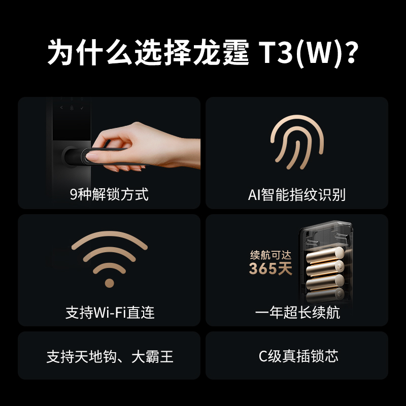 龙霆智能锁T3 系列:AI指纹解锁 一年超长续航
