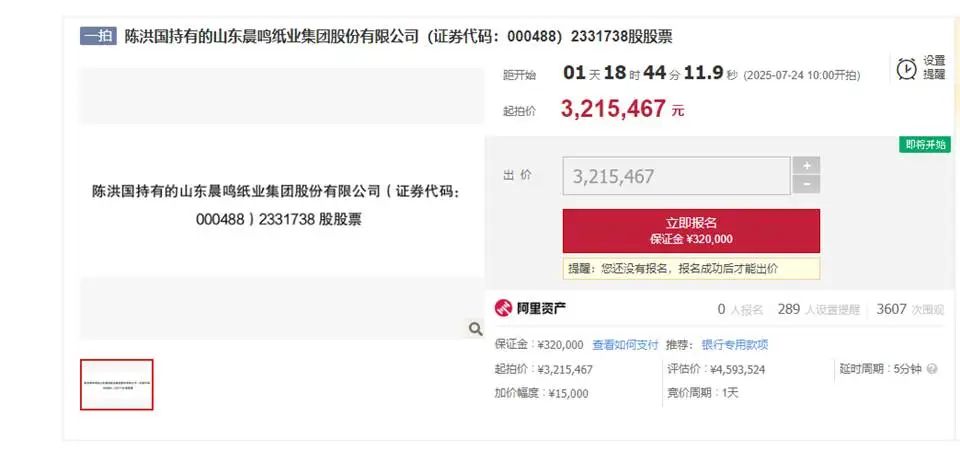 陈洪国所持部分晨鸣纸业股票被拍卖,起拍价321万元