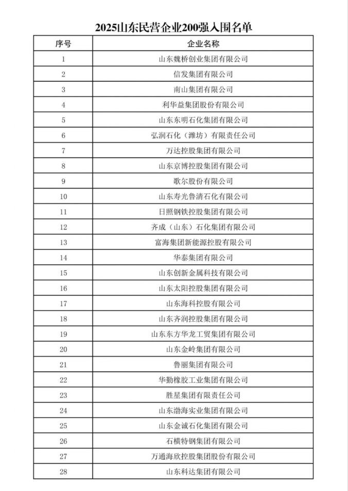 2025山东民营企业200强名单公示