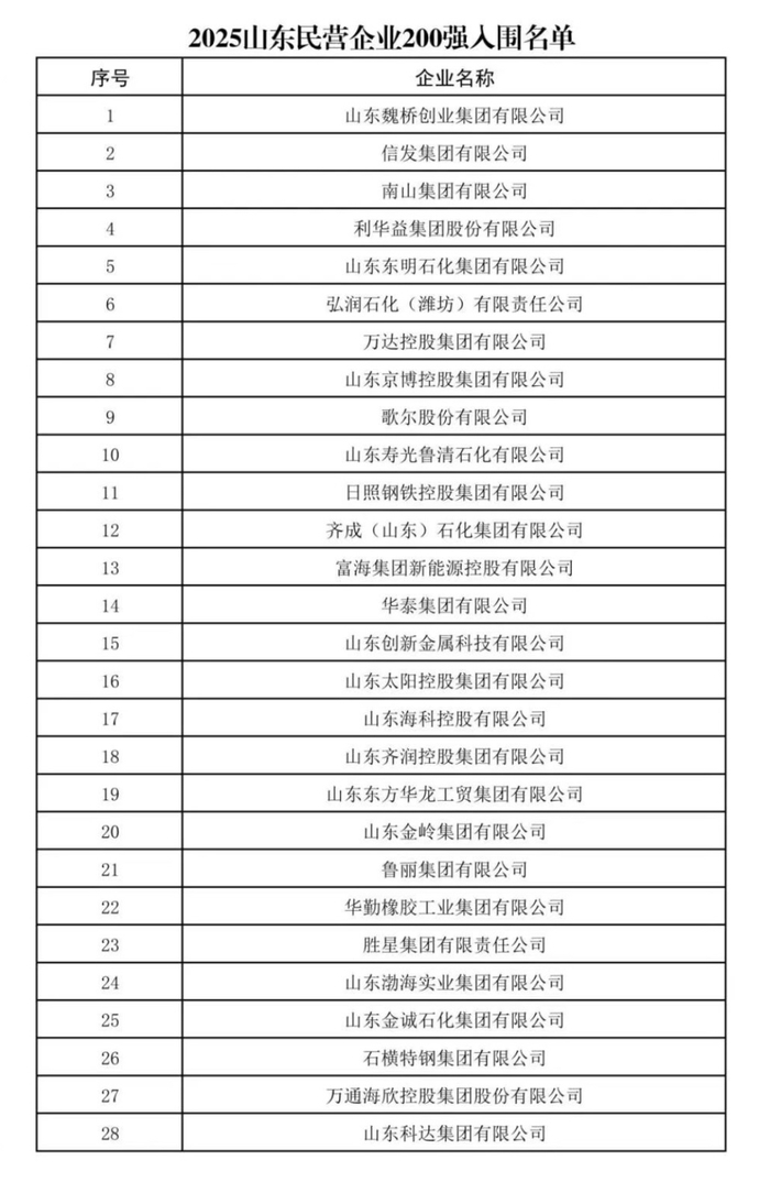 2025山东民营企业200强入围名单公示