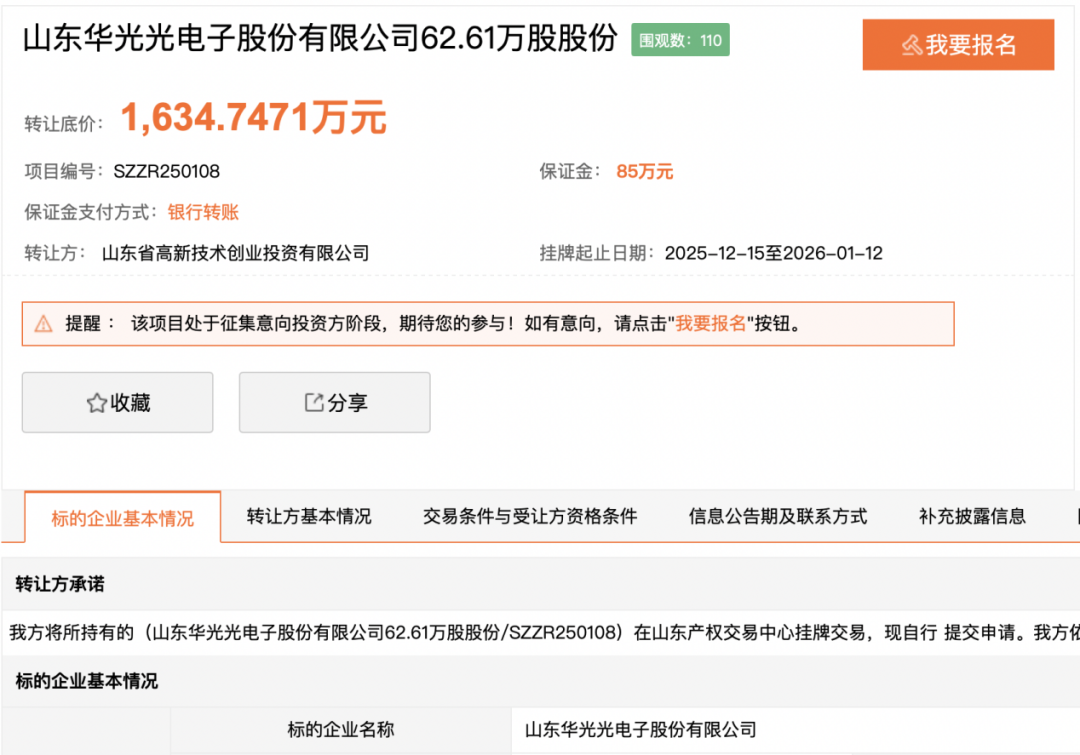 底价1634.75万元,山东高新投转让华光光电62.61万股股份