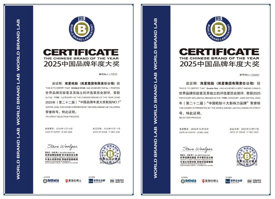 双星荣获“中国品牌年度大奖轮胎NO.1”, 品牌影响力持续提升