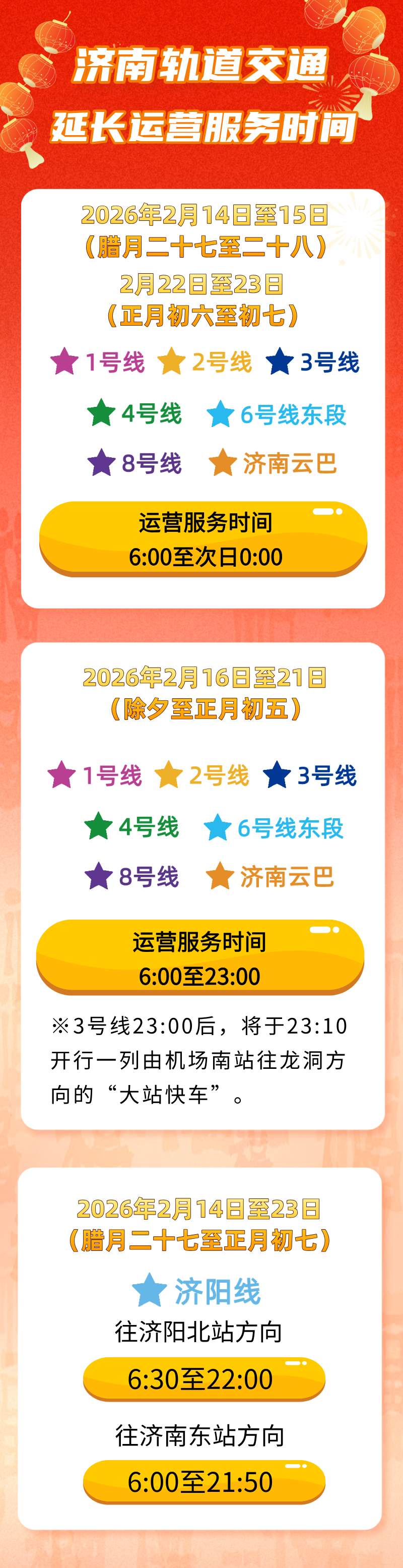 腊月二十七至正月初七，济南轨道交通将延时运营