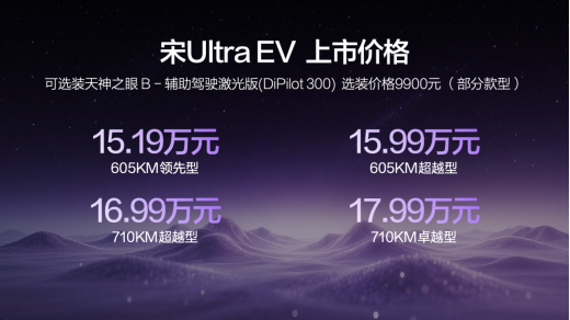 宋Ultra EV售15.19万元起,全系搭载比亚迪第二代刀片电池及闪充技术