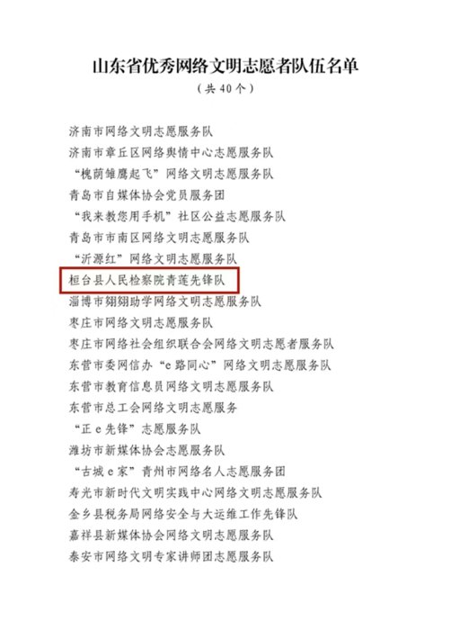 桓台县人民检察院青莲先锋队入选山东省优秀网络文明志愿者队伍
