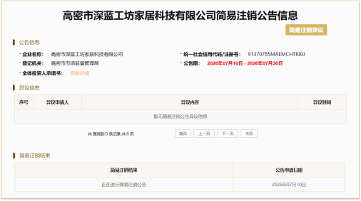 入主仅两个月,水星家纺旗下高密深蓝工坊启动简易注销