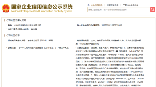 龙成消防因产销不合格消防产品被罚,合计罚没超10万元