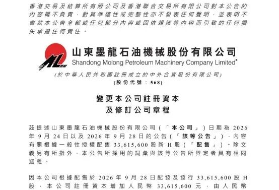 山东墨龙新H股配售,注册资本增至8.6亿元