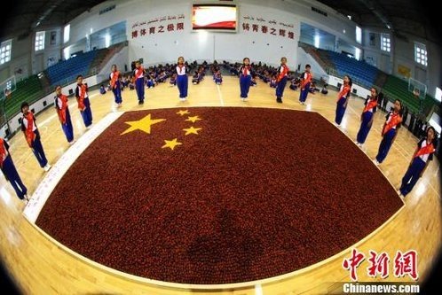 新疆若羌小学生用9.6万颗红枣组成国旗