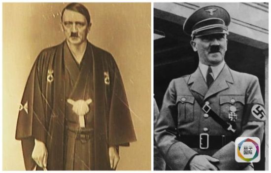 希特勒着纳粹军服与和服对比照。（图片来源：《每日快报》网站）