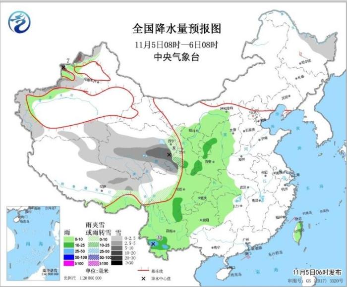 图1 全国降水量预报图(11月5日08时-6日08时)