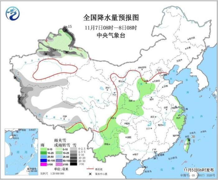 图3 全国降水量预报图(11月7日08时-8日08时)