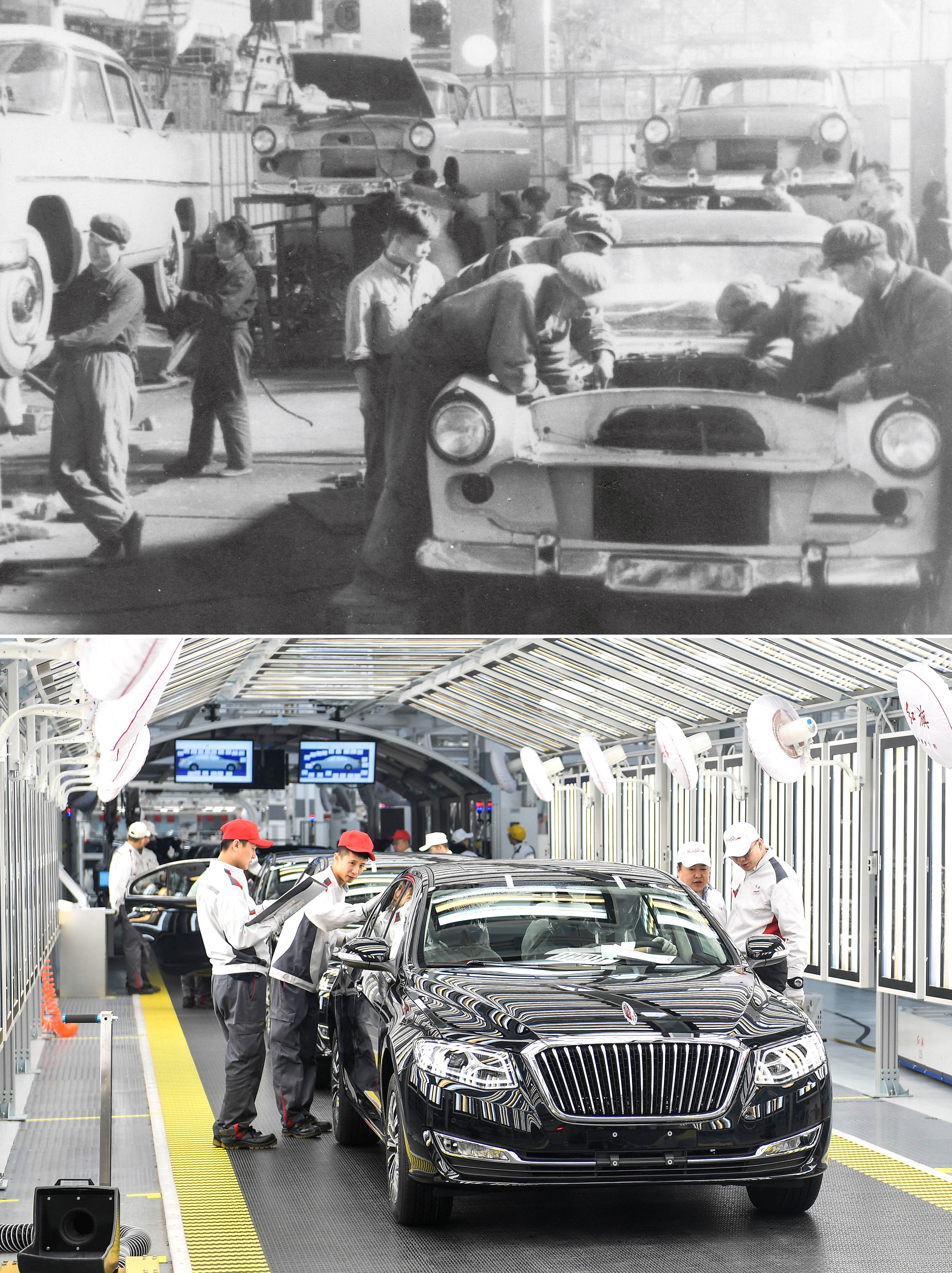 拼版照片：上图为1958年拍摄的第一汽车制造厂（资料照片）。这里生产了第一批红旗轿车；下图为2019年4月9日，在一汽红旗总装车间内，职工在对生产的红旗轿车进行静检作业。