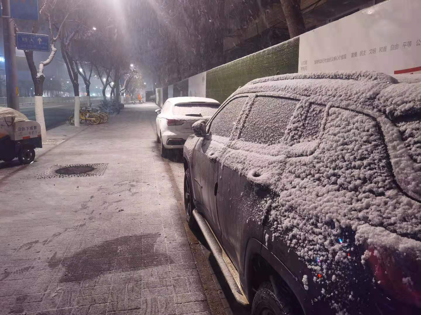 29日凌晨1点半，济南和平路被白雪覆盖。（梁旭日 摄）