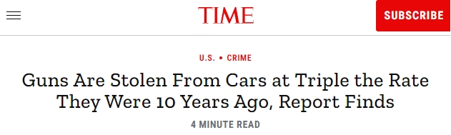十年间美国汽车枪支被盗率呈倍数增长 美媒：每支未妥善保管的枪都可能成为他人的“夺命枪”