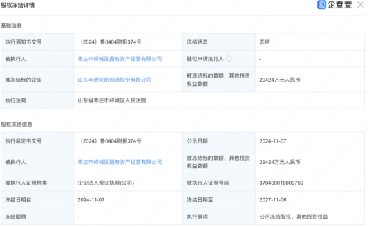 丰源轮胎价值2.94亿元股权遭冻结，因股东峄州国资集团成为被执行人