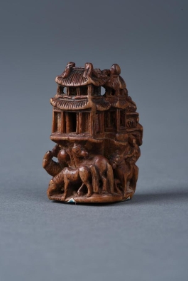 3.3.00498清木雕楼阁八骏摆件