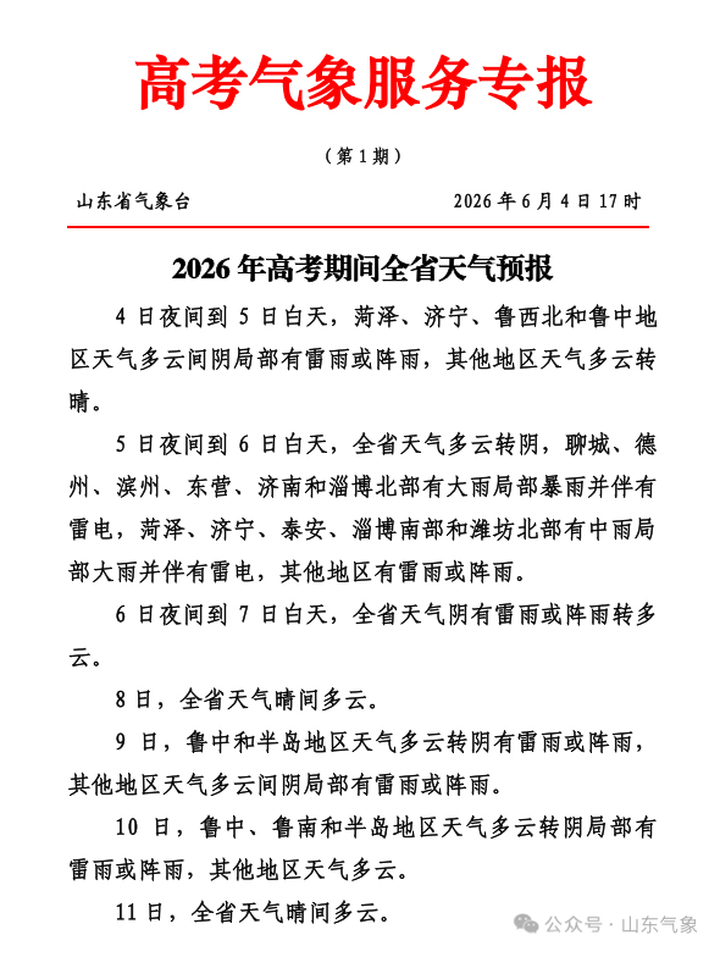 2026年山东高考期间天气预报出炉